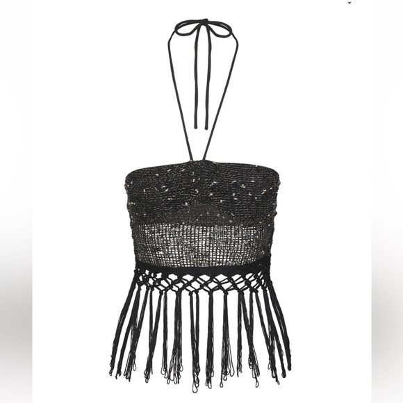 Princess Polly ALNET TOP BLACK knit crochet halter top with fringe tassels S - Picture 1 of 6